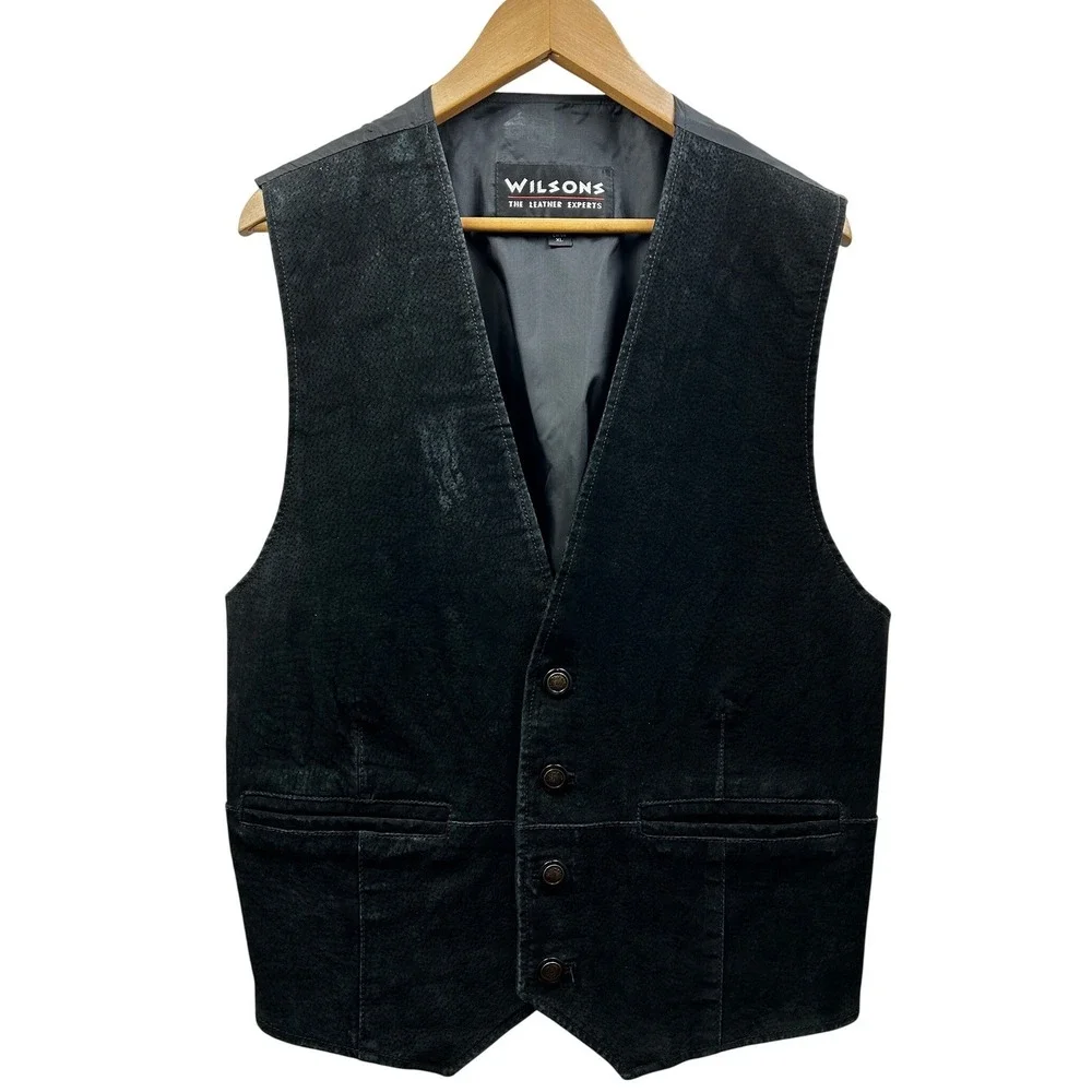 Wilsons Leather Vest Mens XL Black Nubuck Button Front‎ Adjustable Western Biker